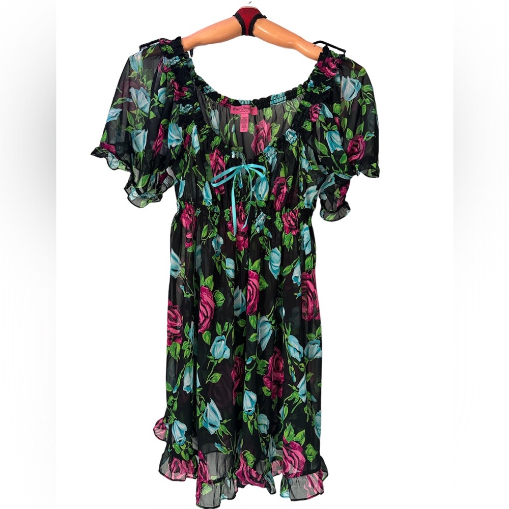 Betsey Johnson Intimates Black Floral Sheer Babydoll Nightgown Dress Size Medium